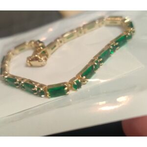 Gold Tone Emerald Green Baguette Crystal Tennis Bracelet Box Link Jewelry